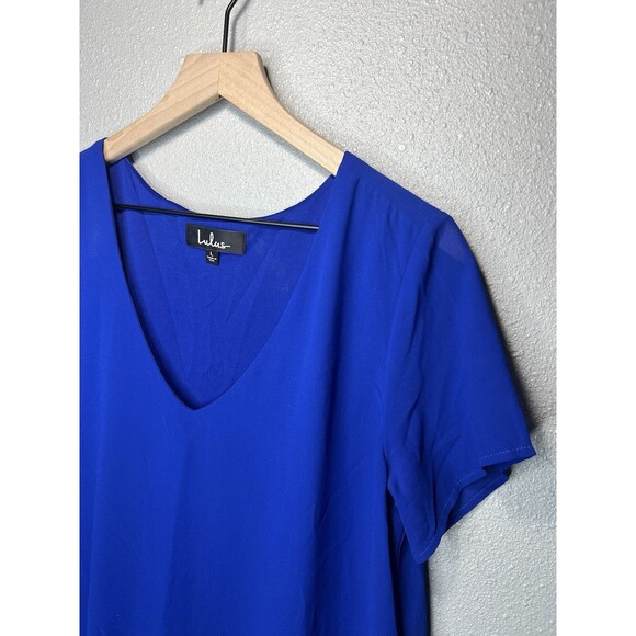 Lulu's Freestyle Blue Shift Dress Size Large Short Sleeve V-Neck Chiffon - Picture 5 of 7